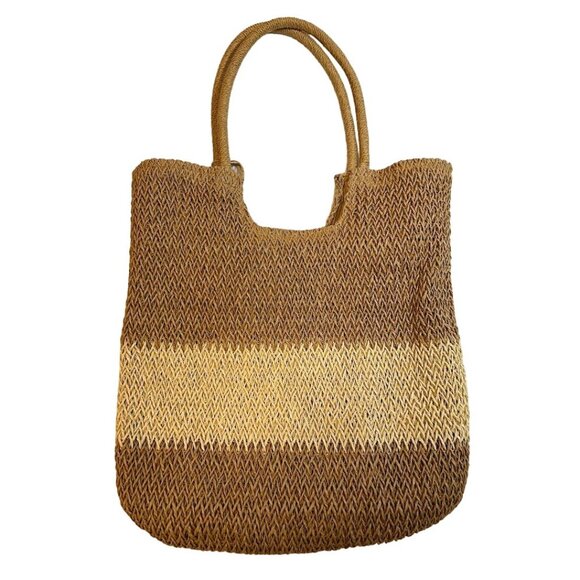Handmade Woven Straw Tote Bag With Tassel & Inner Pockets Beige/Brown 15" x 14" - Picture 2 of 8